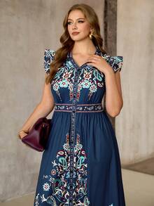 Roveilla 大码女士优雅新款夏季度假短袖连衣裙，波西米亚风格，宽松长款连衣裙，数码印花连衣裙，适合度假外套，衬衫领连衣裙 - 藏蓝色 - 查看 3