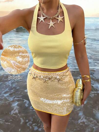 Selianne Light Yellow Beaded Halter Knit Top And Mini Skirt 2 Pieces Set, Casual Resort Vacation Outfit, Spring/Summer