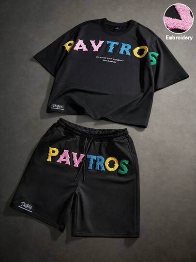 PAVTROS 男士街头风彩色十字刺绣T恤，适合户外音乐节、休闲外出、送给男友/丈夫的礼物、周年纪念礼物，浅灰色T恤套装