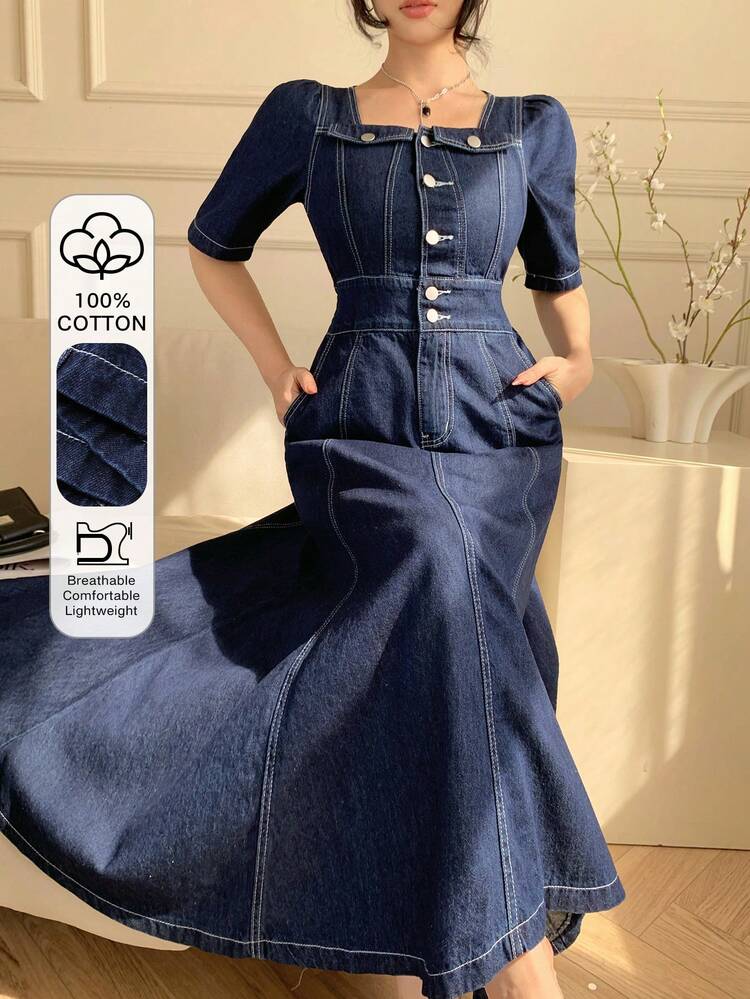 Women's Casual Washed Fake Pocket Square Neck Puff Sleeve Denim Dress, Summer,Wedding Guest Dress Women