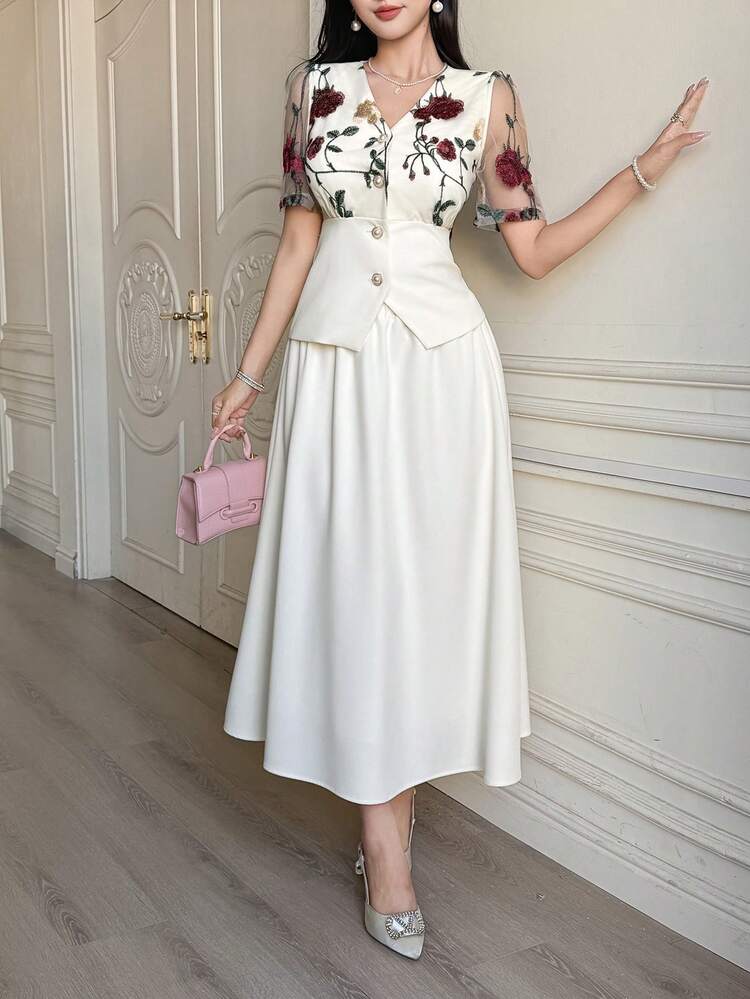 Women's Elegant Embroidered Floral Patchwork Shirt And Skirt 2 Pieces Set, Spring/Summer,Wedding Guest Dress Women