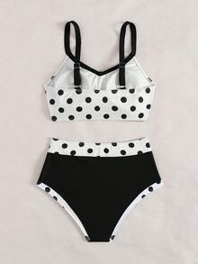Swim Lushoire 2pcs/Set Women White With Black Polka Dots Bikini,High Waist Tummy Control Swimwear,Bowknot Off Shoulder Backless Summer Tropical Holiday Beach - Black and White - View 2