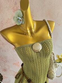 Elamini Women's Green Fashionable Versatile Beach Vacation Style Knitted Cropped Dress, Summer - Green - View 5