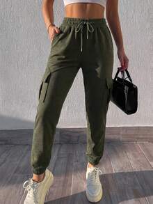 Cottnline Drawstring Elastic Waist Flip Pocket Sweatpants - Green - View 4