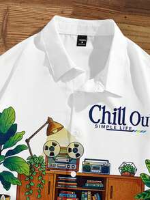 Manfinity Joysei Men's Casual Vacation Illustration Loose Fit Short Sleeve Shirt, Suitable For Summer Outings - White - View 3
