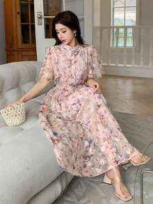 DAZY 女士优雅印花系领荷叶袖中长连衣裙 夏季 - 粉色 - 查看 6
