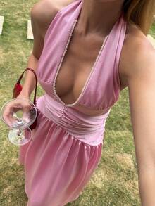 Livesso Pink Summer Girly Sexy Tropical Date Night Vacation Holiday Backless Spaghetti Strap Dress,Elegant Flared Midi Sun Dresses For Women,Wedding Party - Hot Pink - View 7