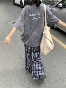 DAZY Women's Letter Print Round Neck Drop Shoulder Casual Loose T-Shirt - Grey - View 3