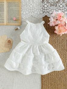 SHEIN Vintaside Kids 女婴碎花图案纹理面料无袖连衣裙，适合居家、户外、度假、派对及其他日常场合。 - 白色 - 查看 3