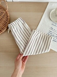 女宝宝休闲度假可爱百搭条纹弹力腰裤 - 杏色 - 查看 4