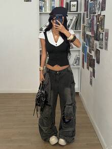 StreetHx Streetwear Women's 2 In 1 Short Sleeve Shirt, Summer - Black - View 6