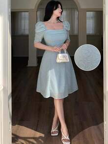 Feyla 优雅玫瑰褶皱女士迷你泡泡袖连衣裙 - 灰色 - 查看 1