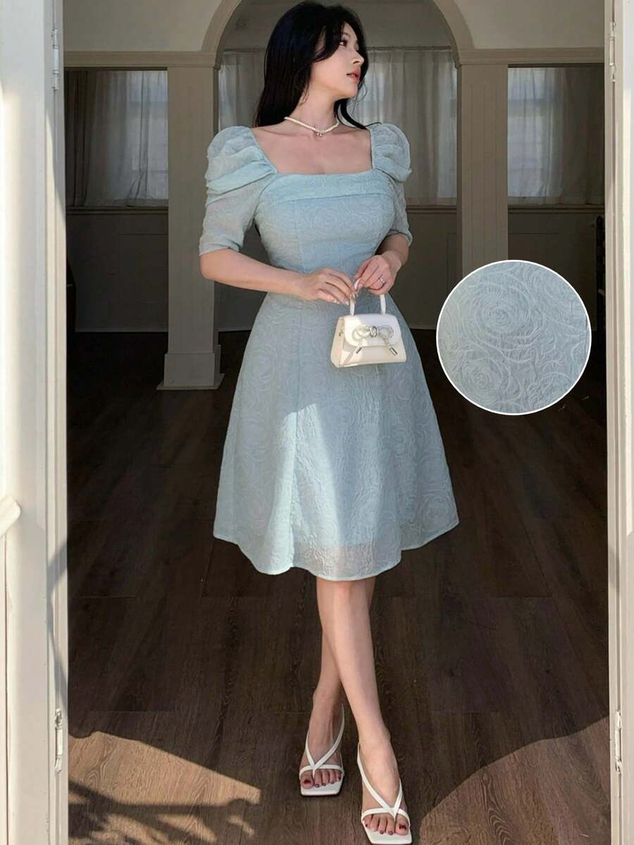 Feyla 优雅玫瑰褶皱女士迷你泡泡袖连衣裙 - 灰色 - 查看 1