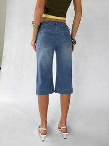 TRNVIE Fashionable Casual Wide Leg Opening Slit Low Waist 7/8 Length Jeans - Medium Wash - View 2