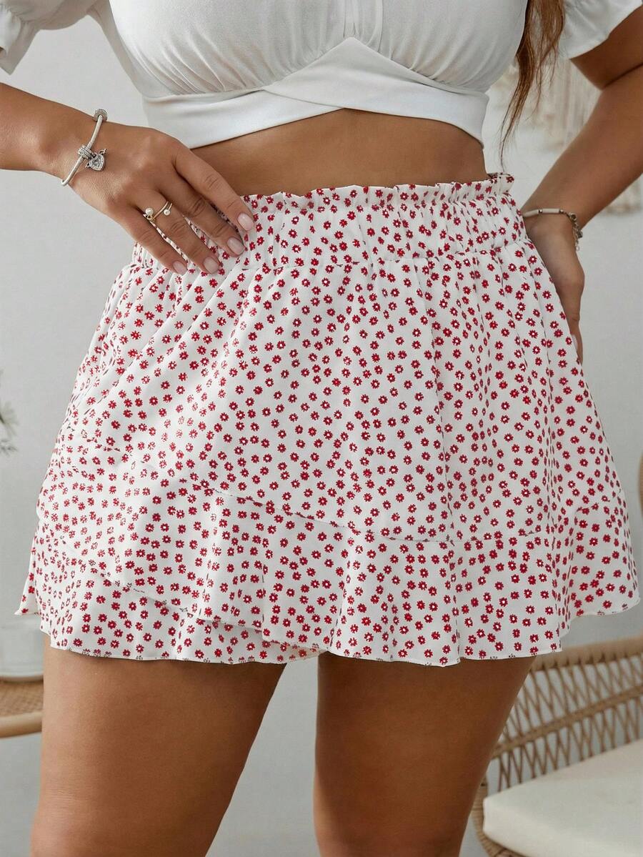 SHEIN VCAY Plus Ditsy Floral Print Paperbag Waist Skort Spring Short Shorts - Red - View 1