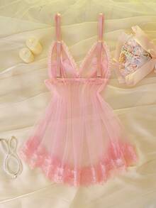 DelicateAllure Áo ngủ không tay cỡ lớn với viền xếp ly, nơ và thiết kế khoét hở, lãng mạn và quyến rũ. - Hồng - Xem 7