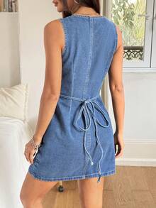 Rivivi 女士夏季休闲前扣无袖牛仔连衣裙 - 中等水洗藍 - 查看 2