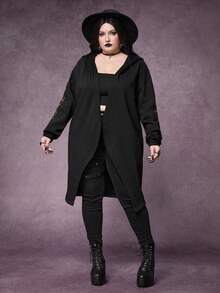 ROMWE Goth Áo khoác nỉ dài có mũ, vạt bất đối xứng, thêu hình nấm, sao, bướm đêm, cây cối, hoa lan dành cho nữ cỡ lớn. - màu đen - Xem 8