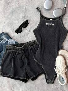 SHEIN Teen Girl Letter Embroidered Camisole Jumpsuit And Shorts Casual Set - Dark Grey - View 1