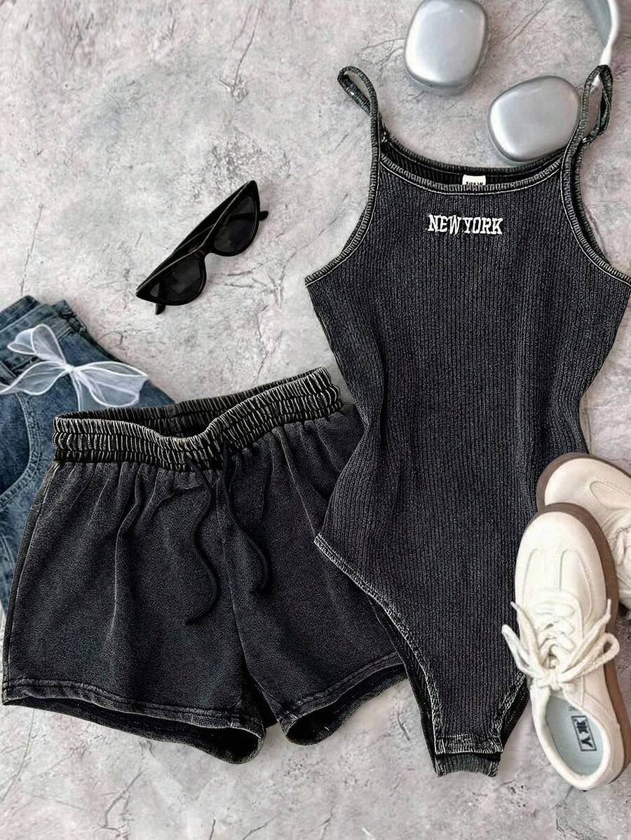 SHEIN Teen Girl Letter Embroidered Camisole Jumpsuit And Shorts Casual Set - Dark Grey - View 1