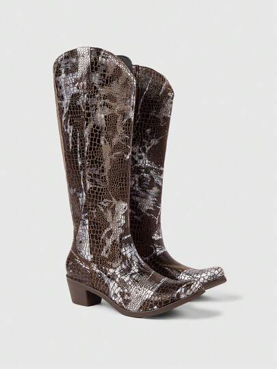 ROMWE Fairycore European And American Style Pointed Toe Color Block Tall Boots, Snake Skin Patchwork, Comfortable Slip-On Mid-Heel Fashion Boots, Suitable For Autumn/Winter