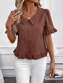 SHEIN Clasi Áo nữ tay ngắn, màu trơn, cài cúc phía trước, kiểu dáng thường ngày, thích hợp mặc đi chơi, mùa hè. - Màu Tím - Xem 7