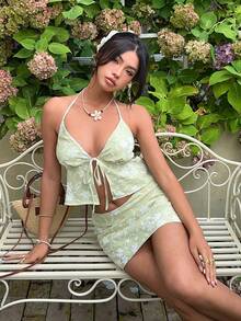 MainGRL 绿色碎花吊带背心和可爱迷你裙两件套 - 綠色 - 查看 1