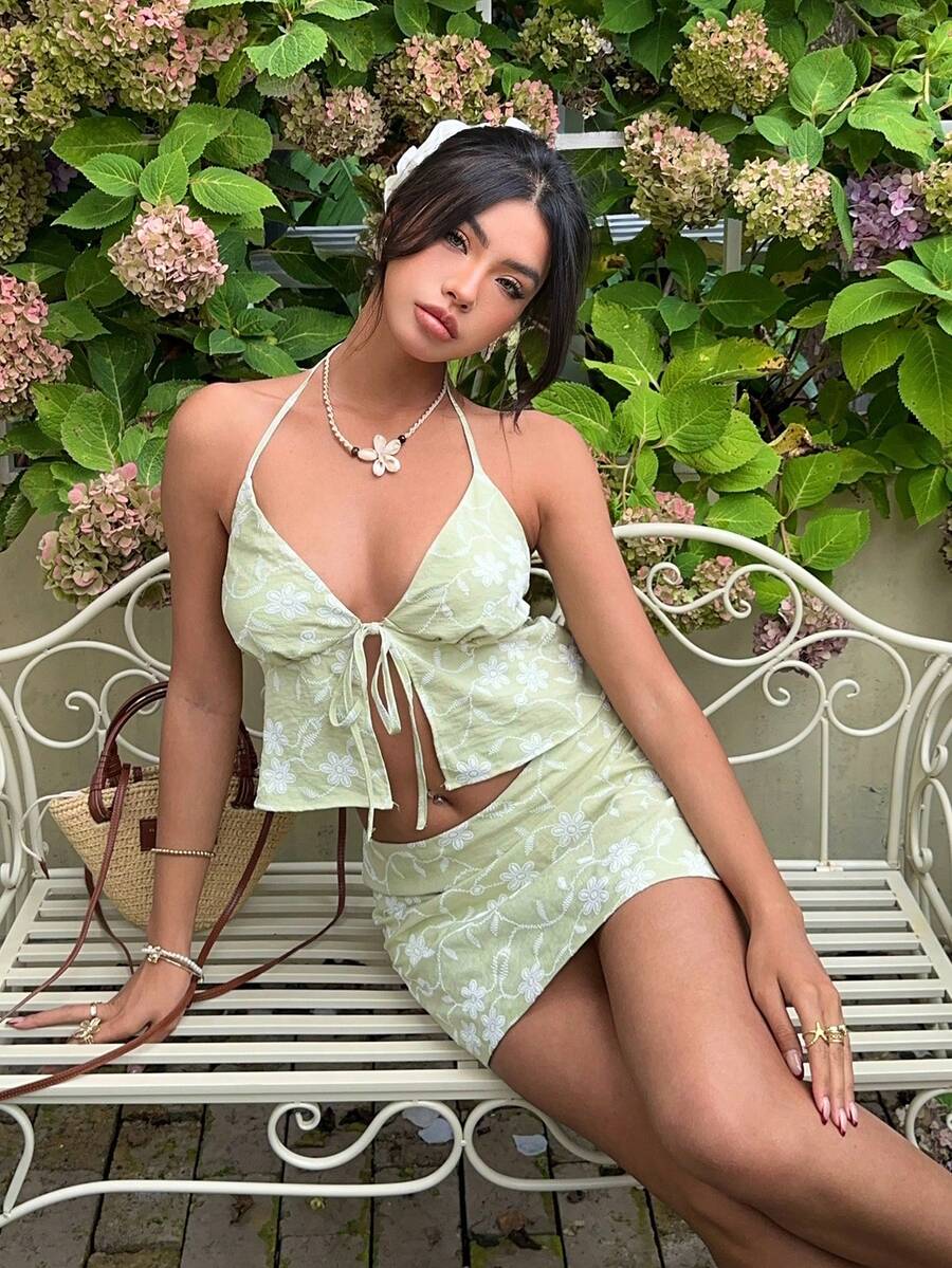 MainGRL 绿色碎花吊带背心和可爱迷你裙两件套 - 綠色 - 查看 1