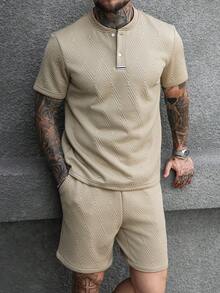 Manfinity CasualCool 男士休闲通勤纹理短袖T恤套装 - 卡其色 - 查看 7