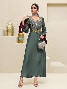 Al Najma Women's Elegant Floral Embroidered Arabic Style Dress - Green - View 3