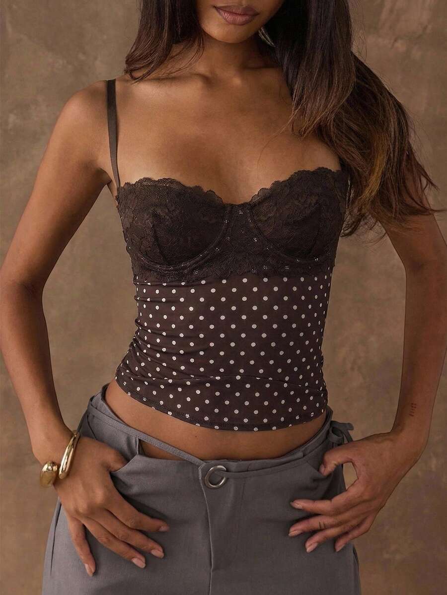 SHEIN BAE Áo hai dây ren chấm bi phối ren gợi cảm thời trang nữ - màu nâu - Xem 1