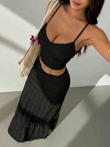 SHEIN PETITE 女士纯色荷叶边吊带上衣和迷你裙休闲度假两件套女装夏季波西米亚风两件套裙装白色连衣裙女士迷你连衣裙 - 黑色 - 查看 3