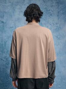 ROMWE MEN Street Life Men's Contrast Color Patchwork Distressed Pullover Pullover Sweatshirt - Brown - View 3