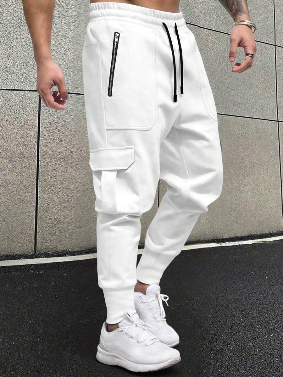 Manfinity Homme 男士宽松翻盖口袋侧抽绳腰运动裤 - 白色 - 查看 1