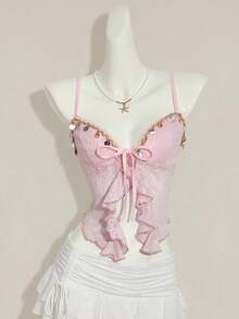 SHEIN ICON Áo hai dây buộc eo, xẻ tà, chất liệu jacquard có họa tiết. - Màu tím hoa cà - Xem 3