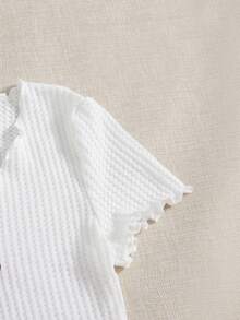SHEIN EZwear 女款針織V領鈕扣荷葉邊下擺羅紋上衣 多件組 短袖 夏季日常居家休閒上衣 黑色 白色 鐵鏽色 灰紫色 - 卡其色 - 查看 3