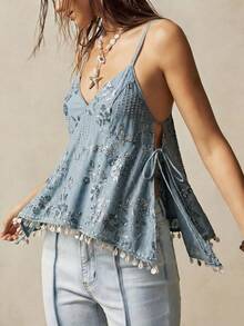 Camiseta de mujer con volantes y lentejuelas, elegante - Gris - Ver 6