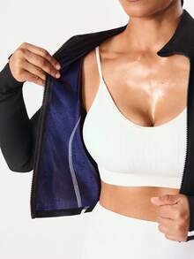 SHEIN Sports 黑色拉链运动套装，柔软舒适，修身剪裁，适合健身、跑步、休闲、瑜伽等场合。 - 黑色 - 查看 4