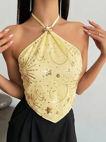 Firerie Áo kiểu dây mảnh hở lưng gợi cảm đính sequin, áo hè màu vàng, áo kiểu sequin vàng, áo kiểu sequin, áo kiểu dây mảnh màu vàng dành cho nữ, áo kiểu hở lưng thắt nơ, áo kiểu hở lưng gợi cảm đính sequin dự tiệc, áo hai dây vạt lệch chi tiết kim loại, trang phục xuân/hè, thanh lịch, công sở, hẹn hò, dự tiệc, lễ hội âm nhạc, mùa cưới, lễ tốt nghiệp, dạ hội, biểu diễn, phong cách Boho, kỳ nghỉ, phong cách Bohemian, đi biển, áo kiểu - Màu vàng - Xem 7