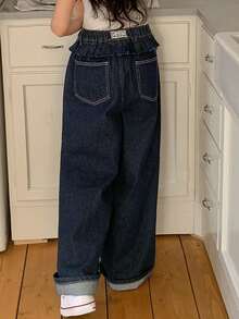 DAZY Tween Girls' Patchwork Ruffle Hem Pocket Wide Leg Loose Casual Jeans - Dark Wash - View 4