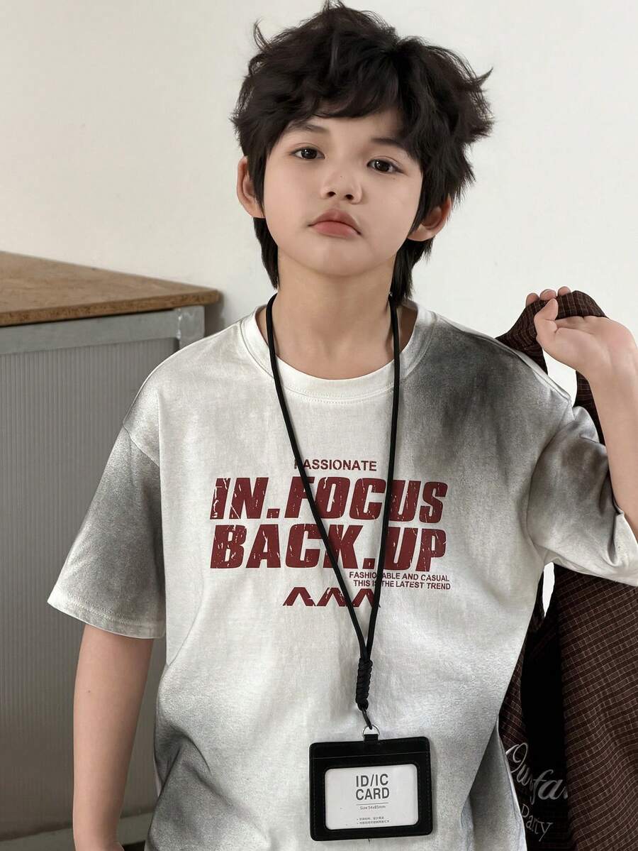 DAZY Tween Boy's Casual Tie-Dye Letter Print Round Neck Short Sleeve T-Shirt, Summer - White - View 1