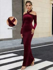 Opuloom Gaun Panjang Bodycon Merah Vintage Wanita Model Duyung dengan Lengan Panjang Hingga Pergelangan Tangan dan Bahu Terbuka - Merah - View 4