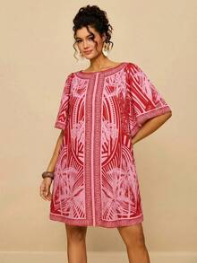 Travachic Đầm nữ cỡ lớn in họa tiết nhiệt đới phong cách Bohemian, dáng rộng, cổ tròn, tay ngắn, thích hợp cho mùa thu và các dịp lễ hội. - Màu Hồng Tươi - Xem 7