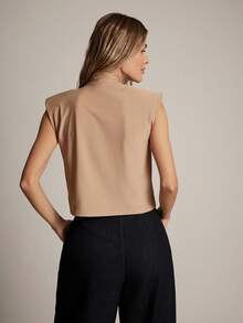 Hauture Women's Simple Elegant High Neck Padded Shoulder Daily Sleeveless Top - Khaki - View 6