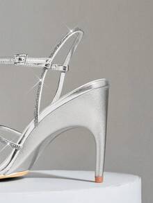 SHUZIA Giày sandal cao gót mũi vuông đính đá lấp lánh, kiểu dáng tối giản, thanh lịch dành cho nữ. - Bạc - Xem 7