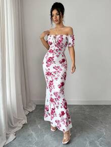 SHEIN Elenzya Women's Floral Print Ruffle Off-Shoulder Short Sleeve Tie Front Fitted Fishtail Hem Elegant Dress - Hot Pink - View 3