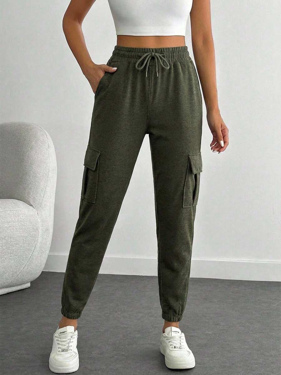 Cottnline Drawstring Elastic Waist Flip Pocket Sweatpants - Green - View 1