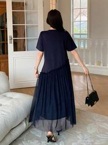 DAZY 女士优雅网纱拼接不对称中长连衣裙，夏季婚礼宾客礼服 - 藏蓝色 - 查看 2