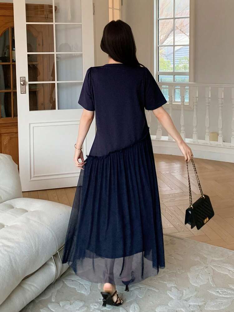 Women's Elegant Mesh Patchwork Asymmetric Midi Dress, Summer,Wedding Guest Dress Women Sundress