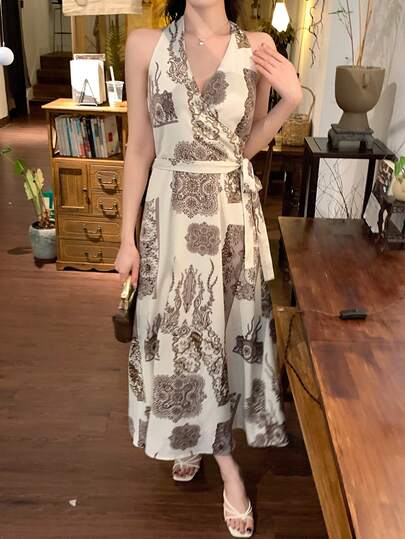 DAZY 女士极简印花露背连衣裙